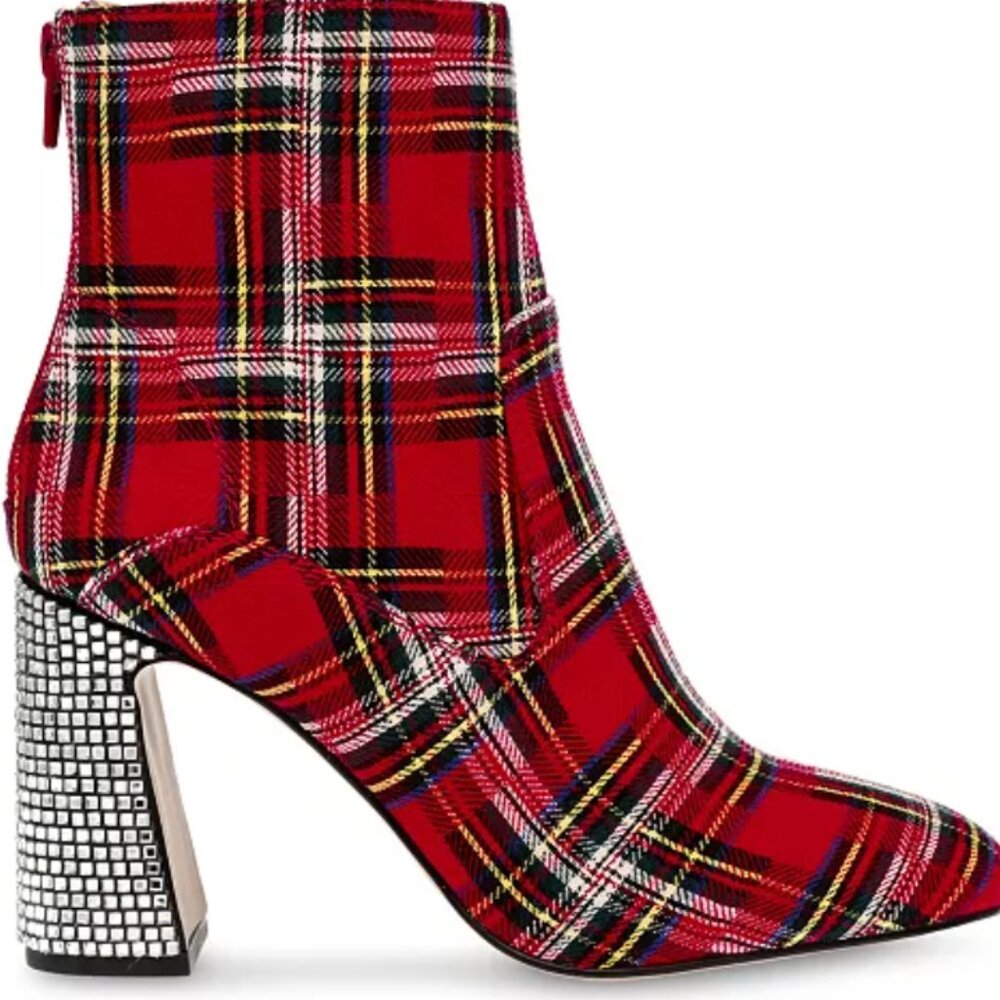 Betsey Johnson Red Plaid Crystal-Embellished Heel Ankle Boots